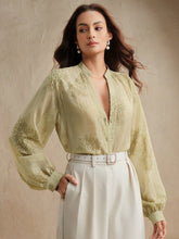 Anewsta Women's Floral Embroidery & Sequin Embellished V-Neck Long Sleeve Elegant Blouse, Suitable For Work